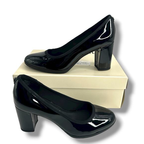 Anne Klein Castana Round Toe Block Heel Pumps Size 8 Black Patent Leather Heels - Picture 2 of 10